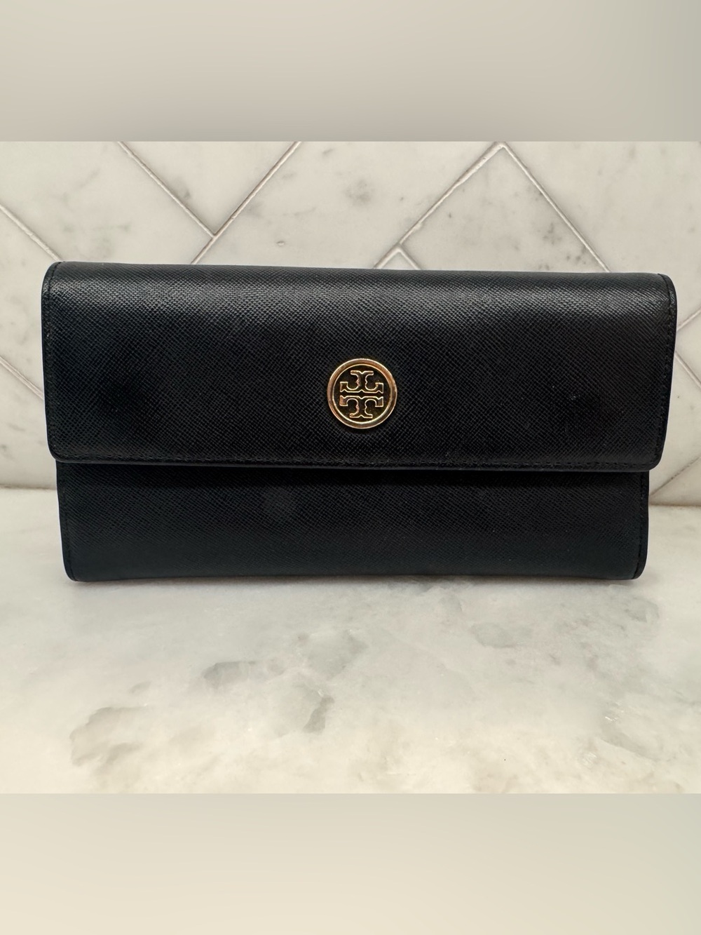 Tory Burch Black Leather Logo Flap Wallet with Gold Emblem